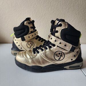 Zumba Court Air Sneakers High Top Gold Black Sz 7.5